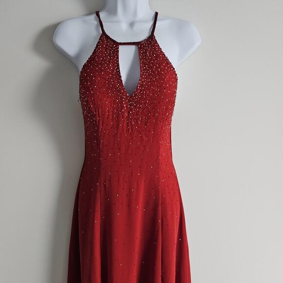 Vintage Chicas Dress Womens Medium Red Beaded Halter 90s Prom Gown Romantic Y2K - Picture 12 of 12
